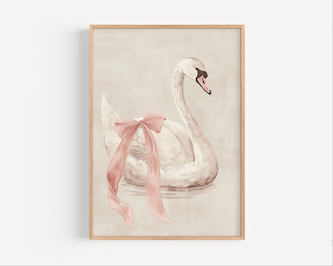 Pink Swan Wall Art For Girls Room Elegant Nursery Poster Baby Girl Bedroom Print Princess Animal Decor Whimsical Bird
