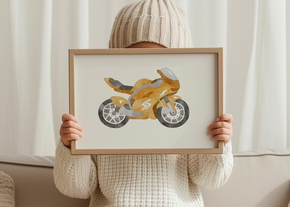 Orange Sport Motorcycle Watercolor Illustration for Boys Art Print
