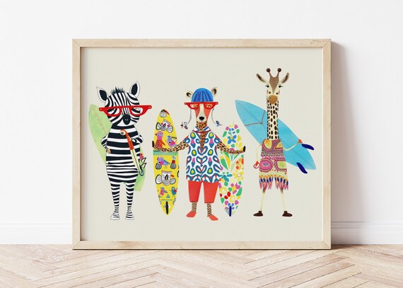 Surfing Animals Print Animal Wall Art Surfboard Jungle Kids Room Decor Nursery Surf Beach Poster