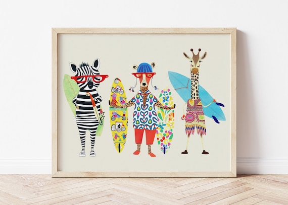 Surfing Zebra Leopard Giraffe Sunglasses Beach Funny Animal Kids Wall Poster