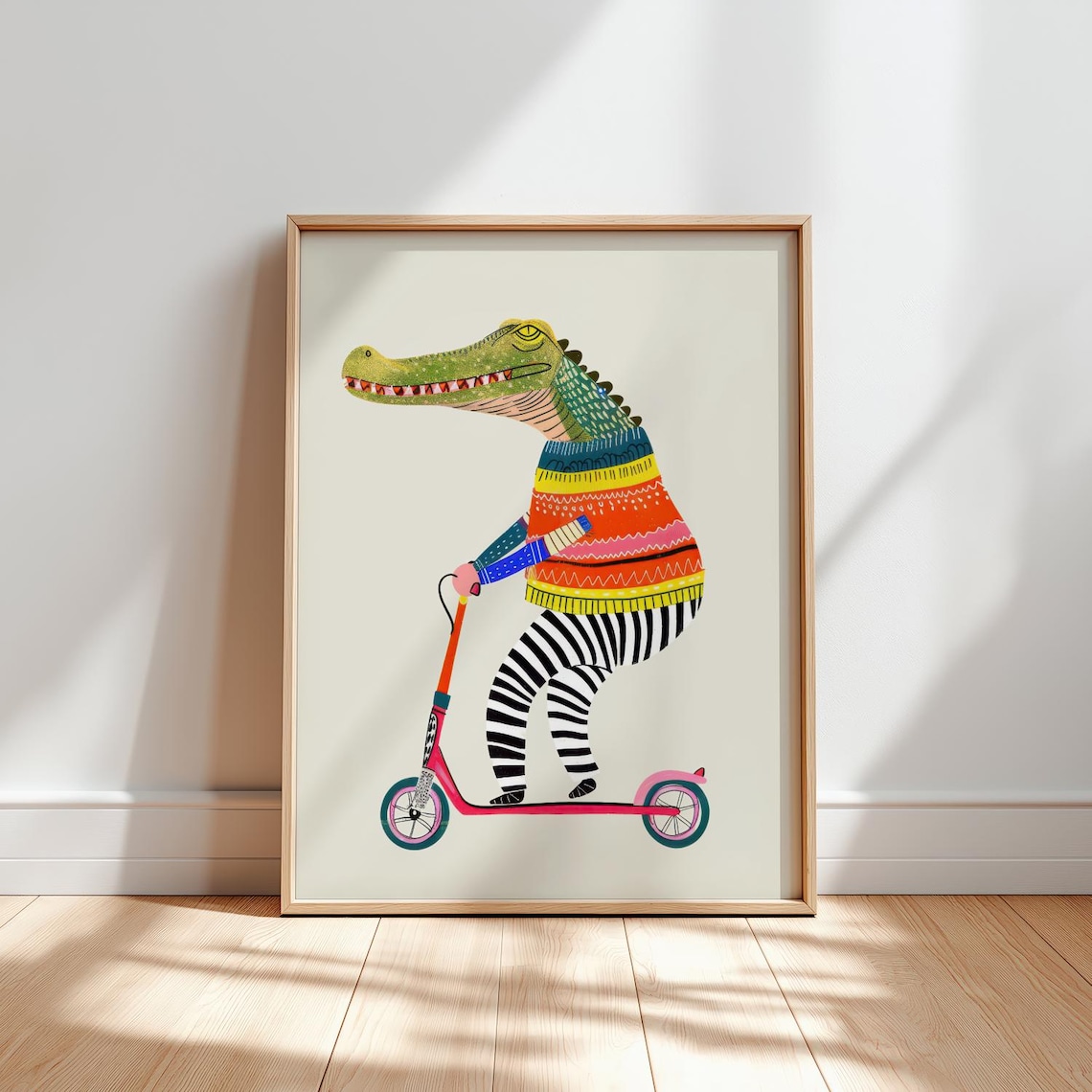 Crocodile Riding A Scooter In Sweater Playful Kids Nursery Poster