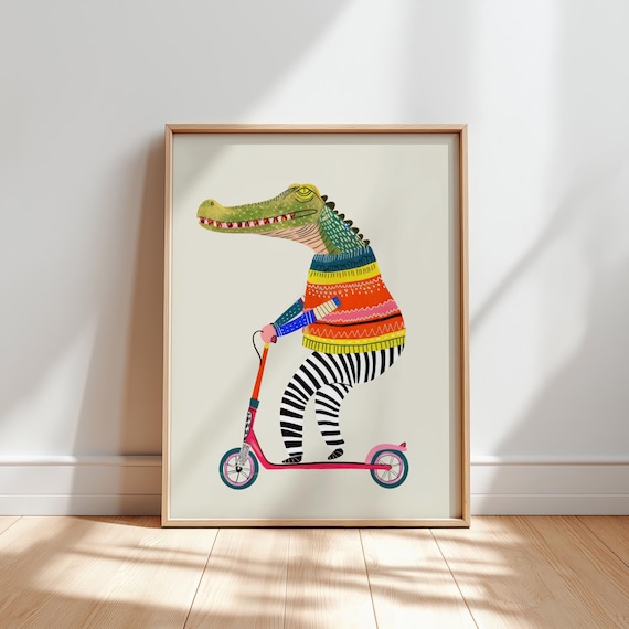 Crocodile Riding A Scooter In Sweater Playful Kids Nursery Poster