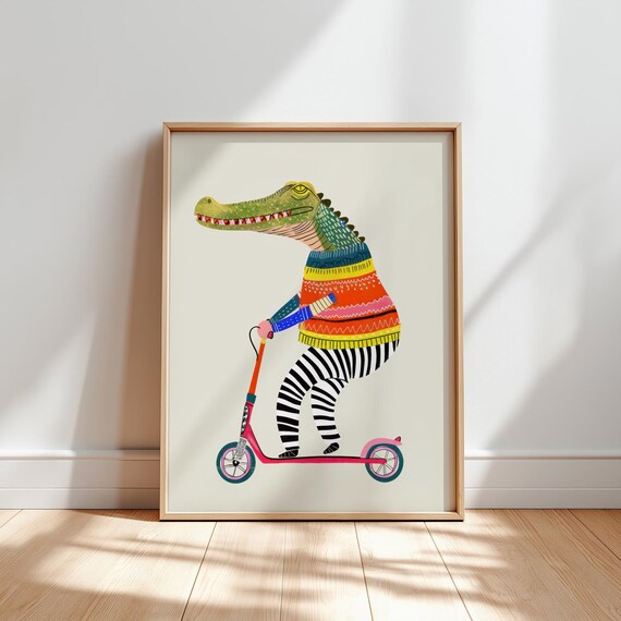 Crocodile Scooter Wall Art Nursery Prints Kids Room Collection Baby Decor Playful Animal Eclectic