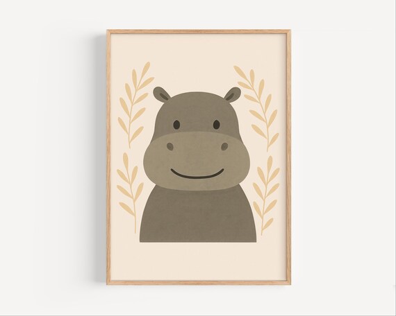 Cute Smiling Hippo Nursery Portrait With Neutral Botanical Leaves Poster