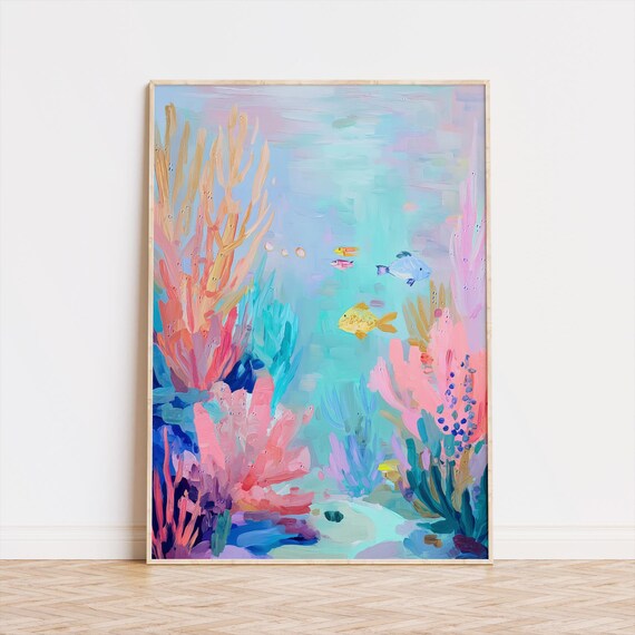 Colorful Coral Reef Wall Art Underwater Ocean Painting Tropical Fish Coastal Decor Pastel Beach Print Summer