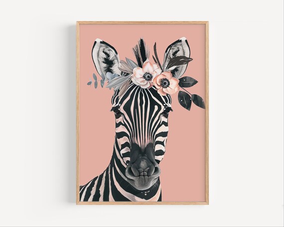 Zebra Floral Crown Poster Stylish Safari Animal Wall Art For Girls Room Or Nursery Jungle Print