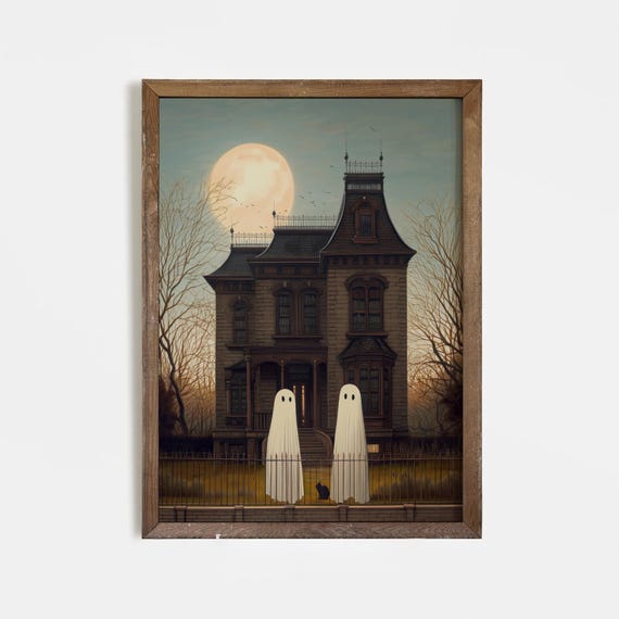 Haunted House Art Print Spooky Victorian Mansion With Full Moon Gothic Halloween Wall Decor Creepy Poster