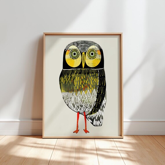 Whimsical Folk Art Owl With Big Yellow Eyes And Red Legs Nursery Poster