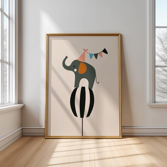 Whimsical Circus Elephant Balancing On Ball Poster For Kids Room Nursery Wall Art Decor