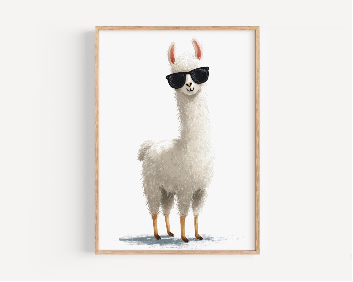 Cool White Llama in Sunglasses Kids Nursery Animal Wall Poster