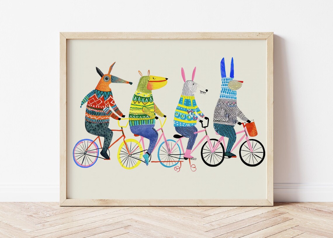 Whimsical Animals Riding Bicycles Knit Sweaters Funny Kids Room Wall Poster