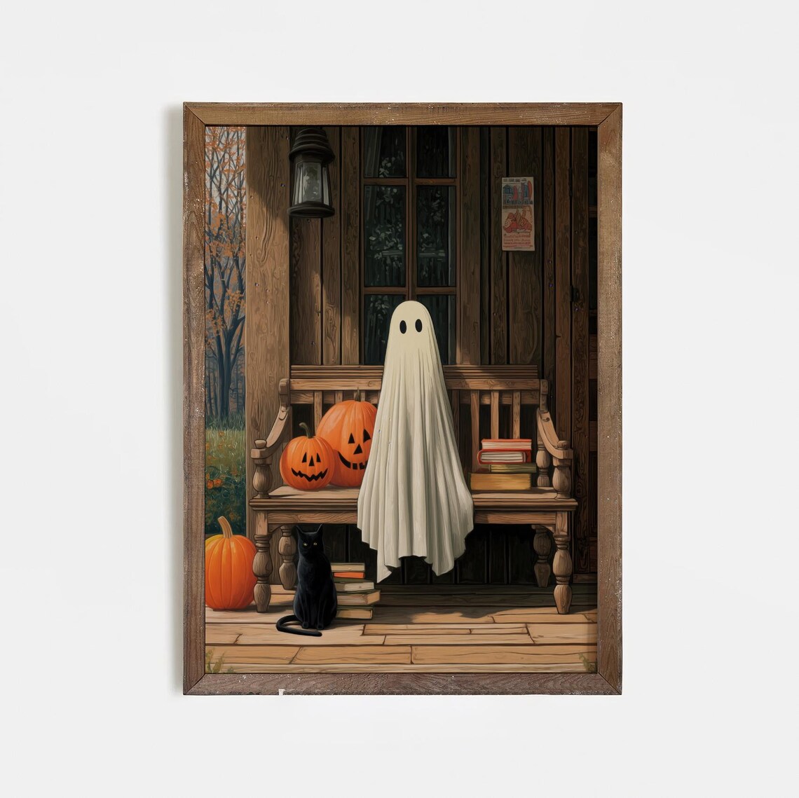 Porch Print Halloween Wall Art With Black Cat And Pumpkins Rustic Cabin Decor Spooky Autumn Illustration