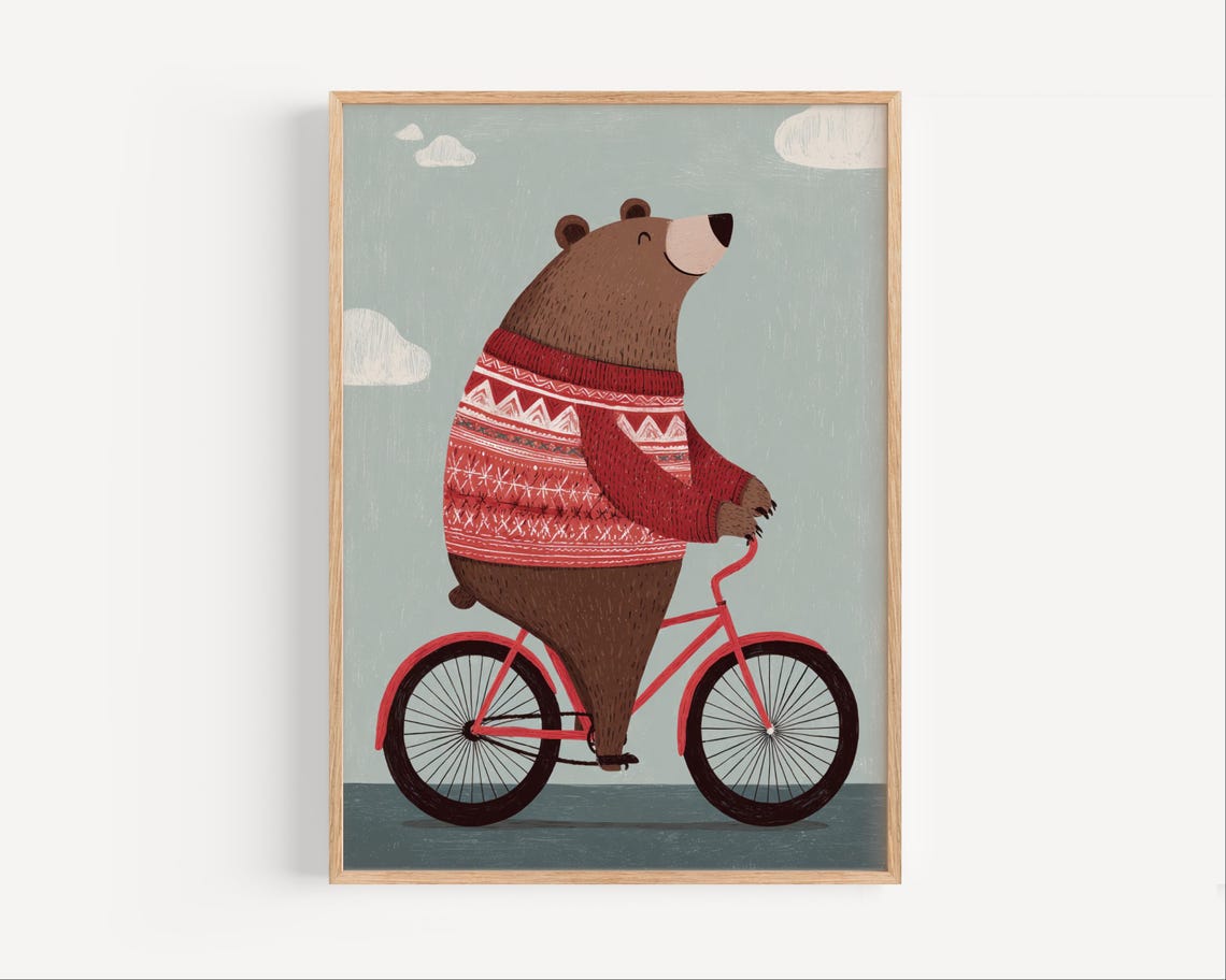 Bear On Bike Wall Art Print Cozy Winter Sweater Animal Illustration Kids Room Decor Poster Scandinavian Nursery For Boys And Girls