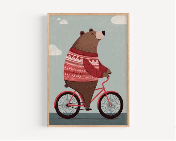 Bear On Bike Wall Art Print Cozy Winter Sweater Animal Illustration Kids Room Decor Poster Scandinavian Nursery For Boys And Girls