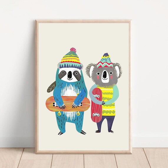 Art Print With Koala And Sloth Holding Skateboards Colorful Animal Nursery Poster Fun Kids Room Wall Decor Illustration
