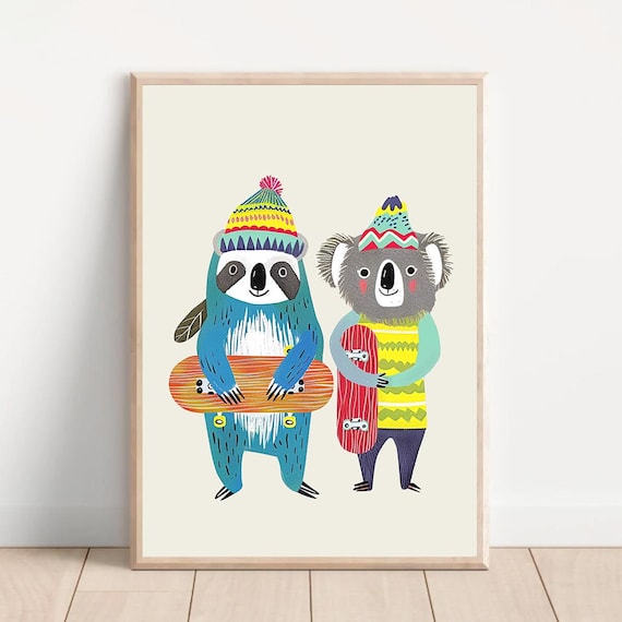 Sloth and Koala Skateboard Buddies Cute Kids Room Animal Poster