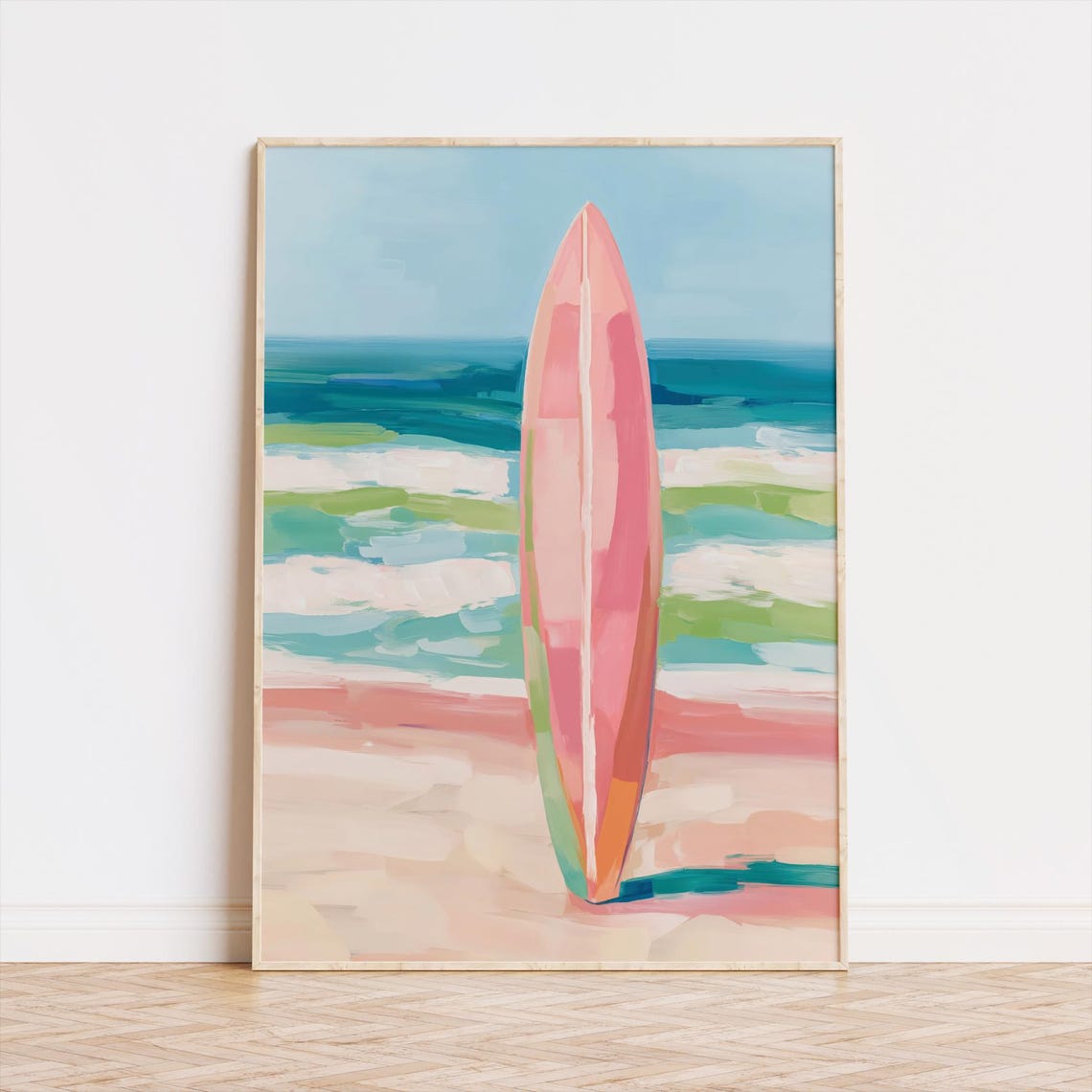 Pink Surfboard Beach Poster Pastel Ocean Waves Summer Surf Room Decor