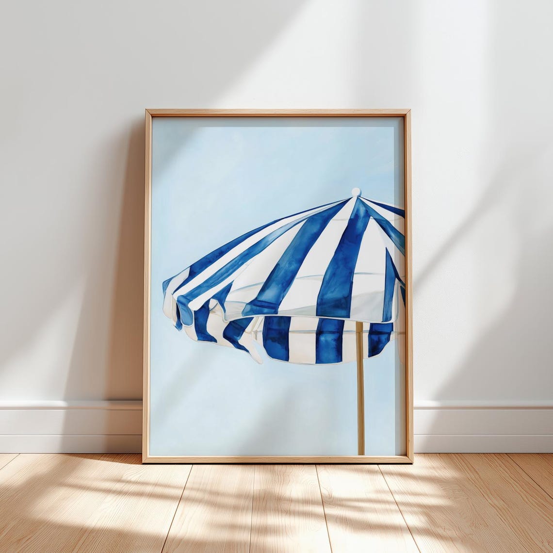 Blue And White Striped Beach Umbrella Minimalist Coastal Poster