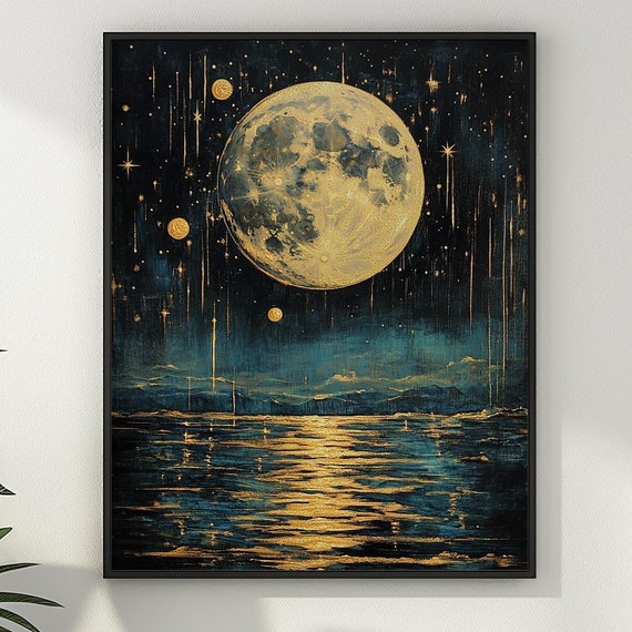 Full Moon Celestial Enchanting Oil Painting Poster Print Dark Moody Wall Art Wall Decor Night Sky Ocean Clouds Maximalist Gift Matte Poster