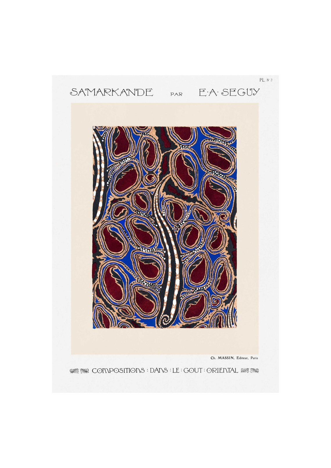 E A Seguy Samarkande Plate 3 Blue Burgundy Gold Paisley Pattern Poster