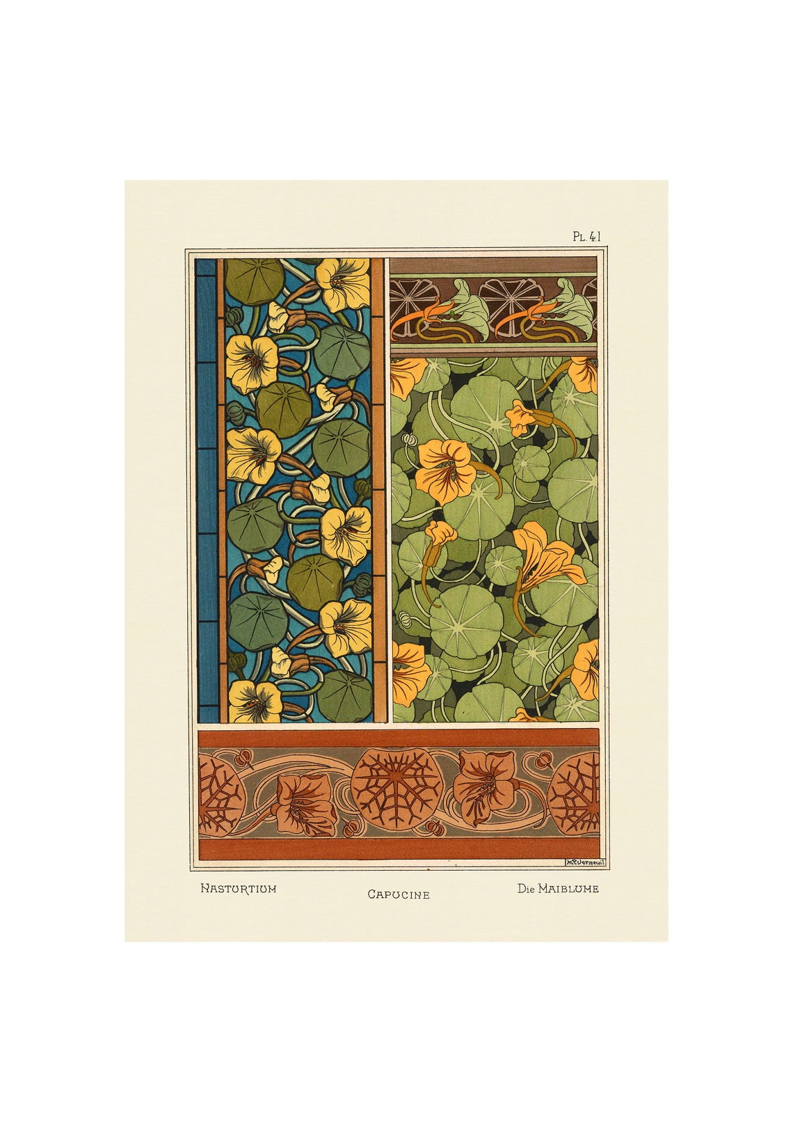 1896 Art Nouveau Nastortium Yellow Vine Pattern Ornament Poster