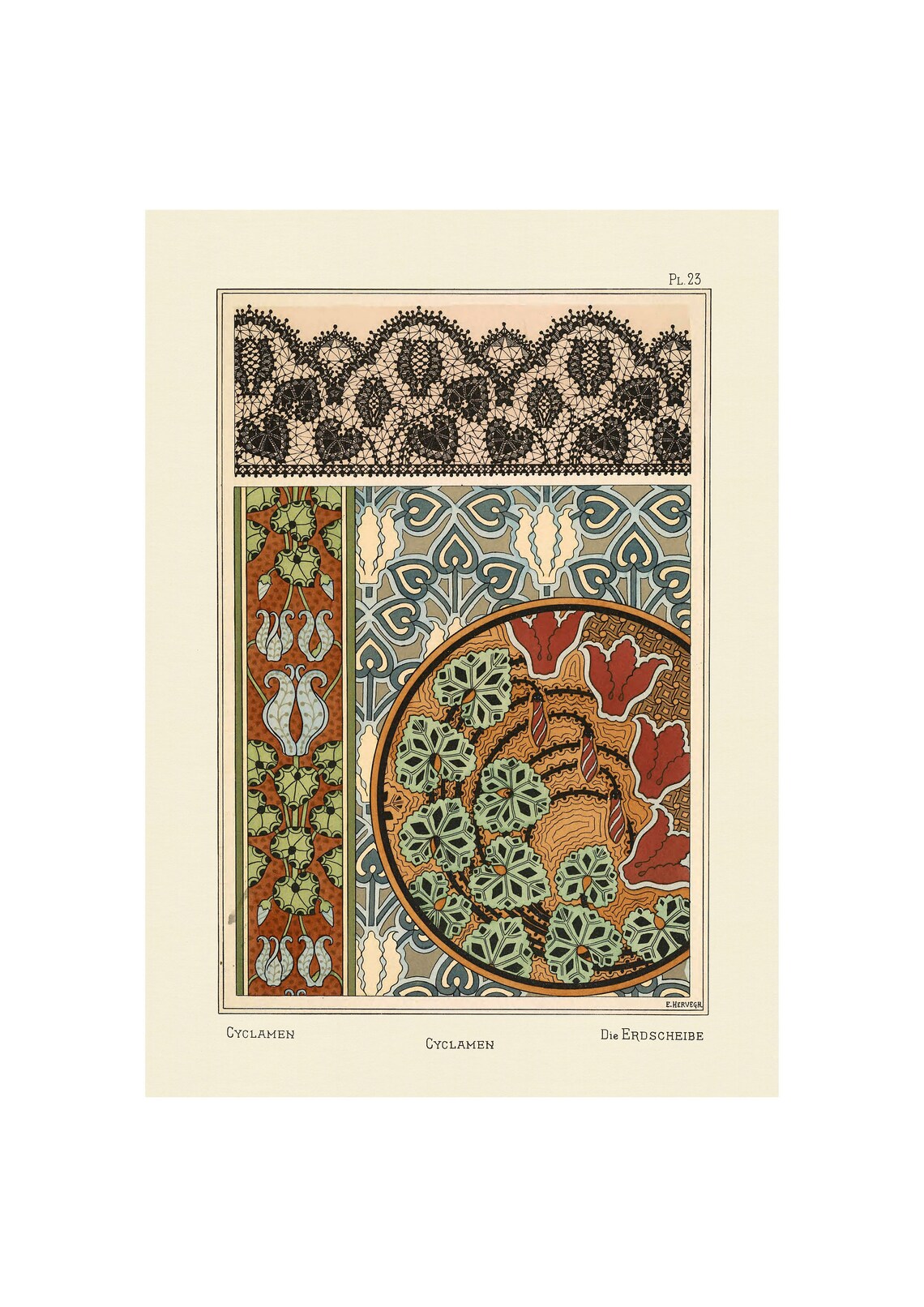1896 Art Nouveau Cyclamen Lace Border Strip Ornament Plate Poster