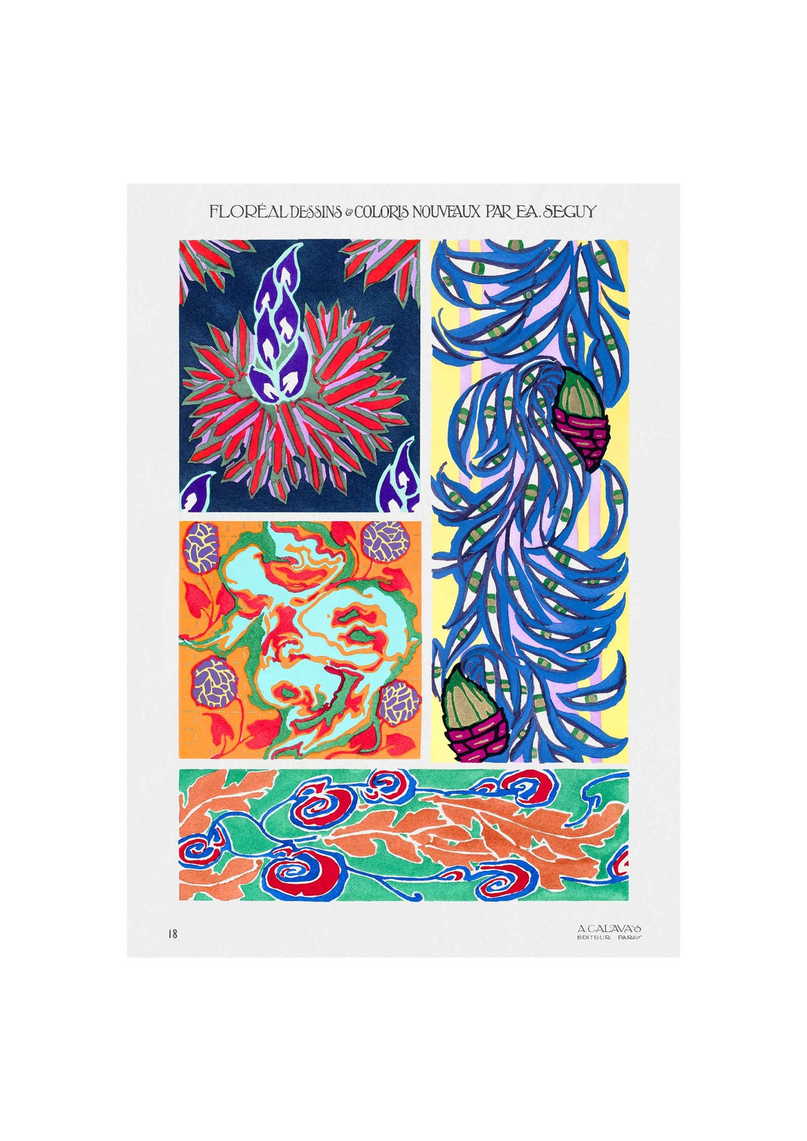E A Seguy Floreal Plate 18 Flame Flower Acorn Vine Pattern Poster