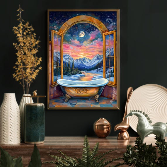 Fantasy Bathtub Print Celestial Bathroom Wall Art Moon And Stars Bathtub Decor Maximalist Fantasy Art Magical Sky And Moon Print