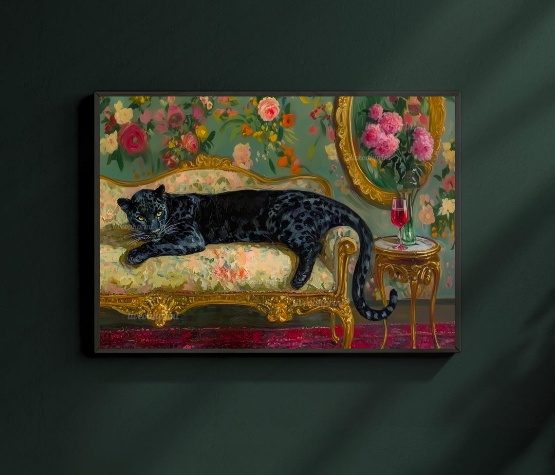 Black Leopard Lounging On Gold Sofa In Floral Wallpaper Room Poster - Image 2