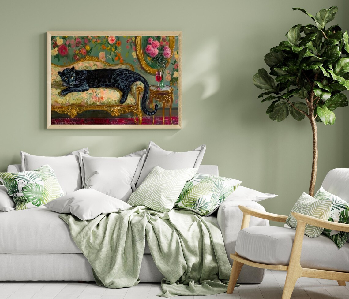 Black Leopard Lounging On Gold Sofa In Floral Wallpaper Room Poster - Image 3