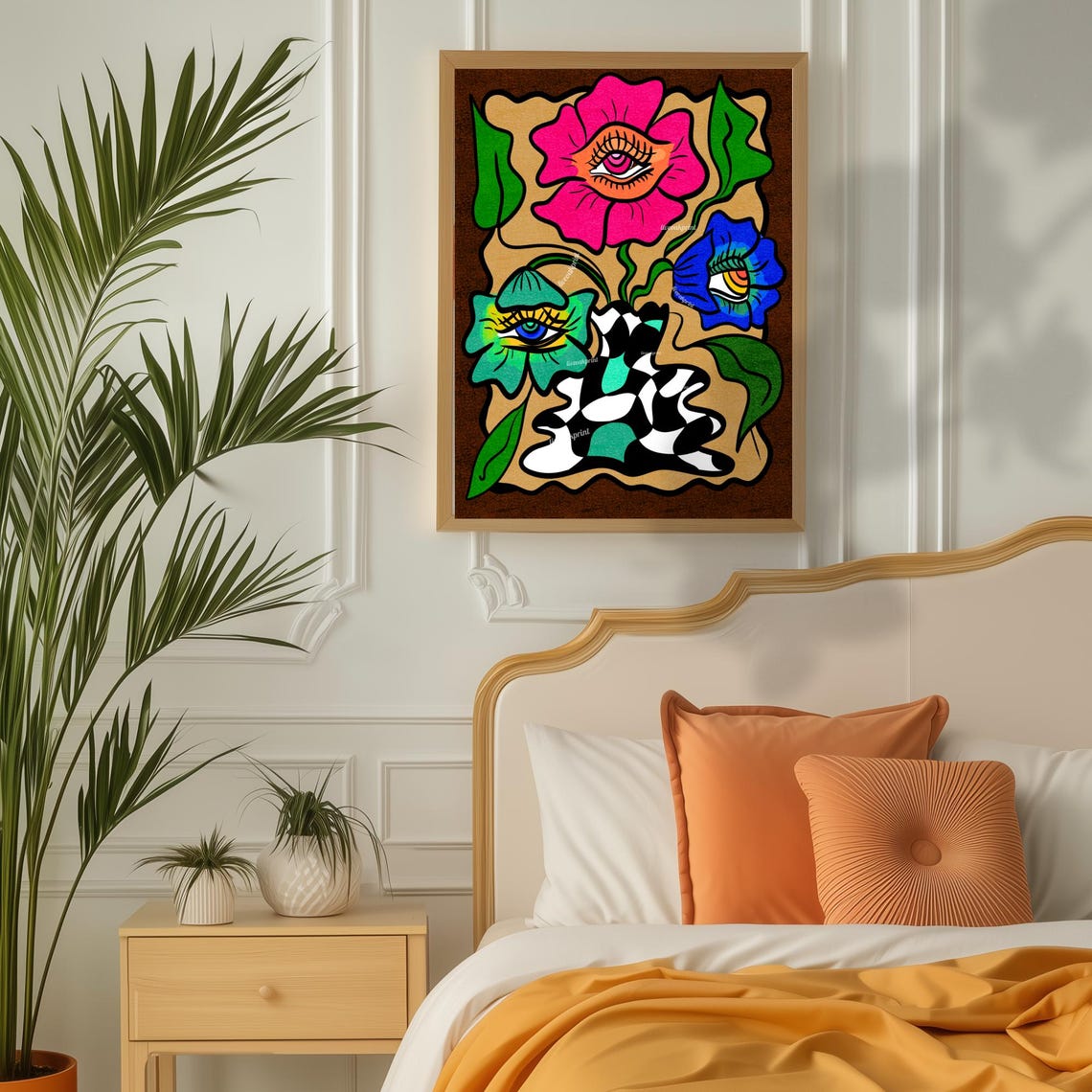 Psychedelic Flowers With Eyes In Checkerboard Vase Bold Art Poster - Image 3