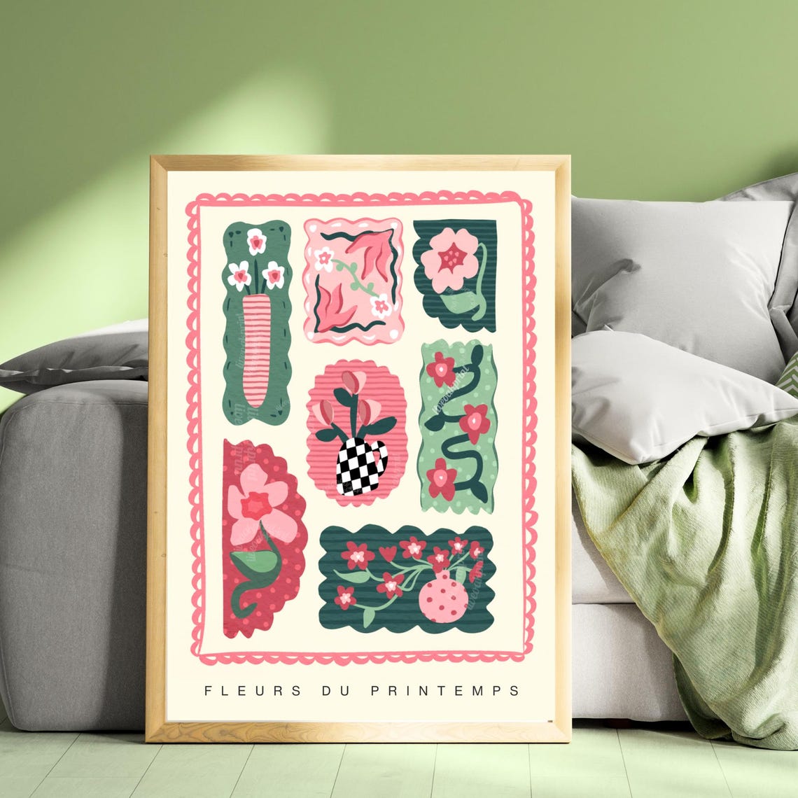 Fleurs Springtime Patchwork Floral Tiles In Pink And Green Poster - Image 3