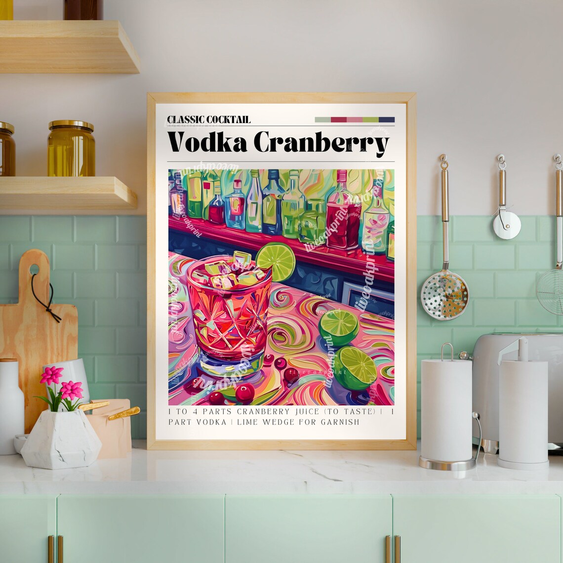 Vodka Cranberry Cocktail Print, Kitchen Bar Cart Decor