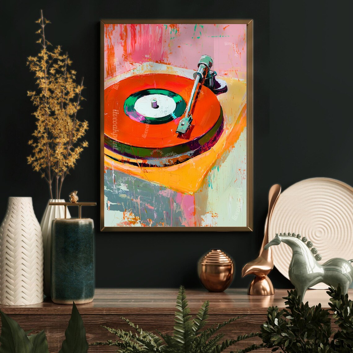 Red Retro Record Player Vintage Music Art Print - Image 3