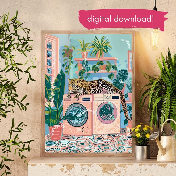 Leopard Lounging On Pink Washing Machines In Botanical Room Poster