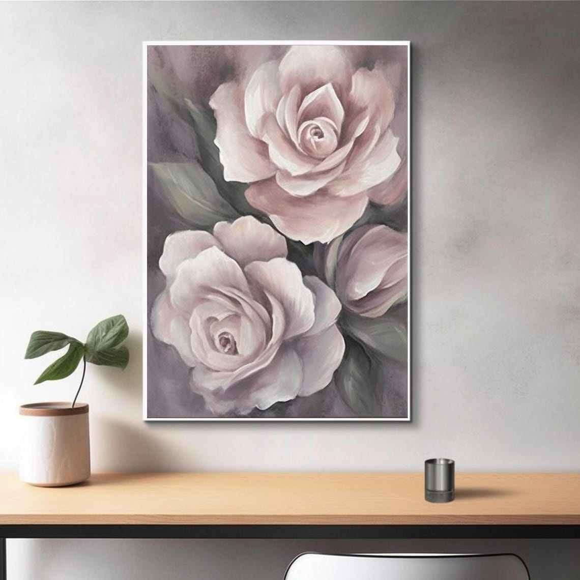 Large Soft Pink Roses Oil Painting Elegant Floral Still Life Wall Art - Image 3