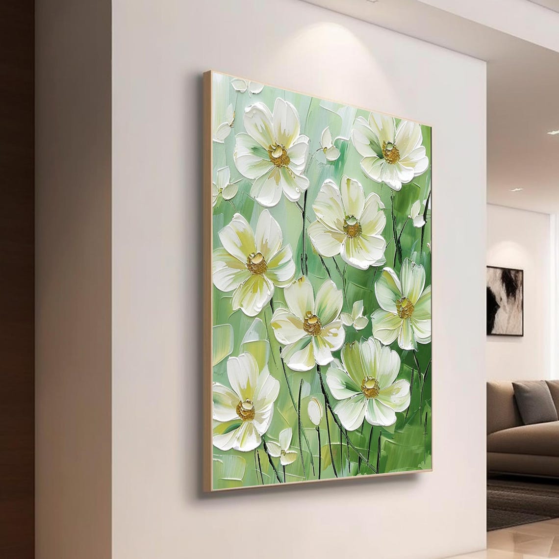 White Blossoms Gold Centers Pale Green Botanical Painting Art Poster - Image 4
