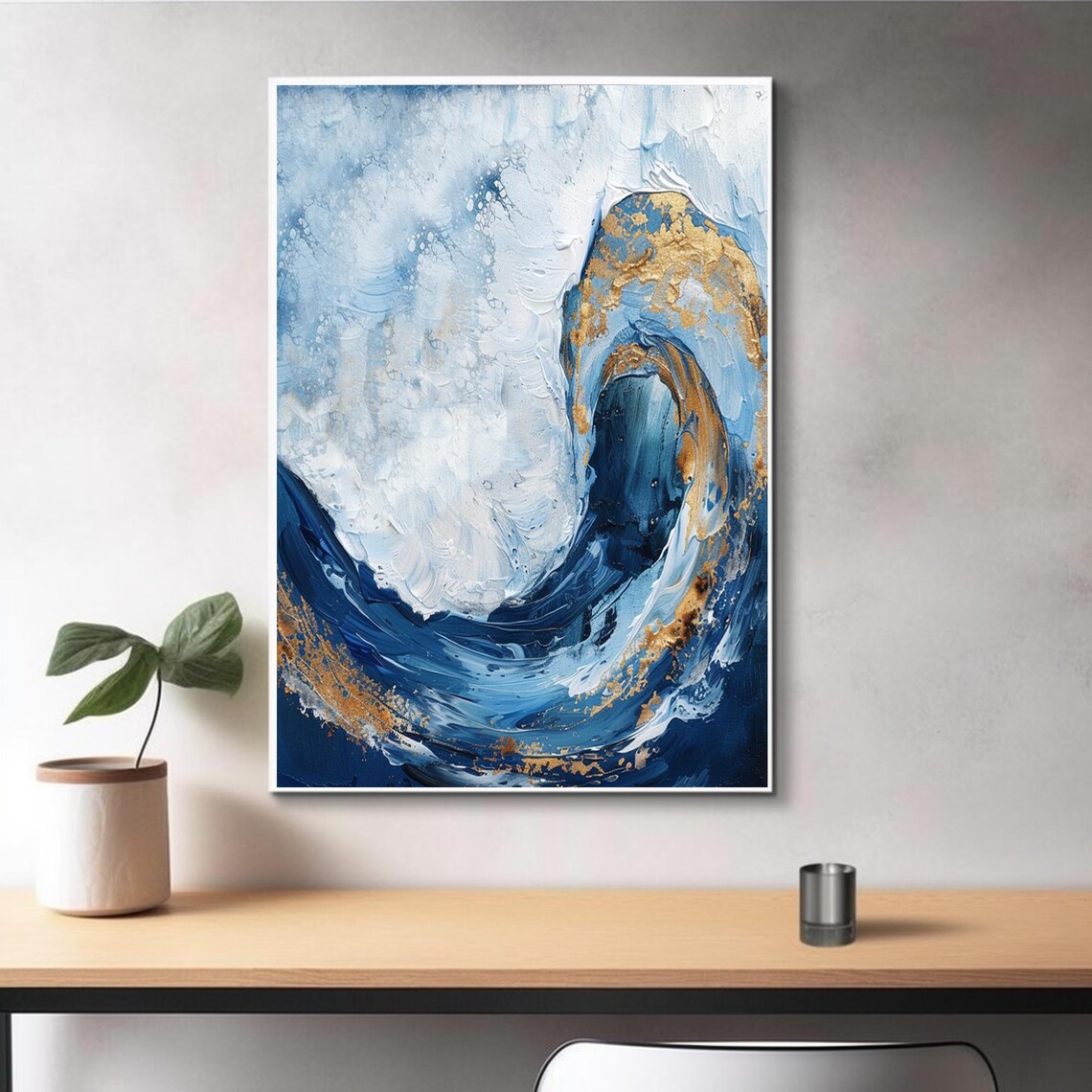 Blue Gold Ocean Wave Foam Crest Textured Abstract Seascape Art Poster - Image 3
