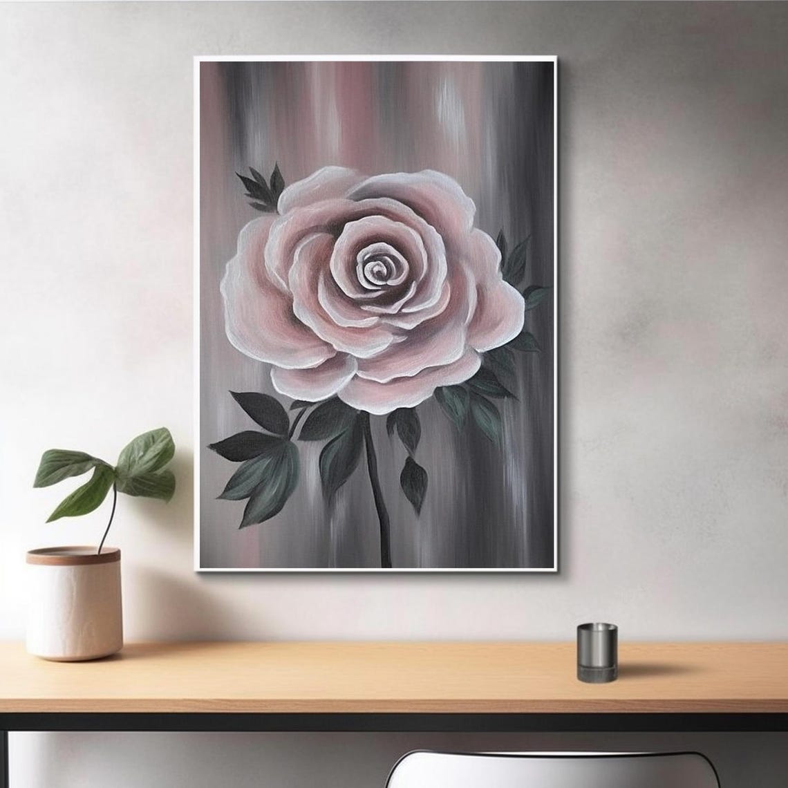 Single Pink Rose Bloom On Dark Gray Background Dramatic Floral Print - Image 3