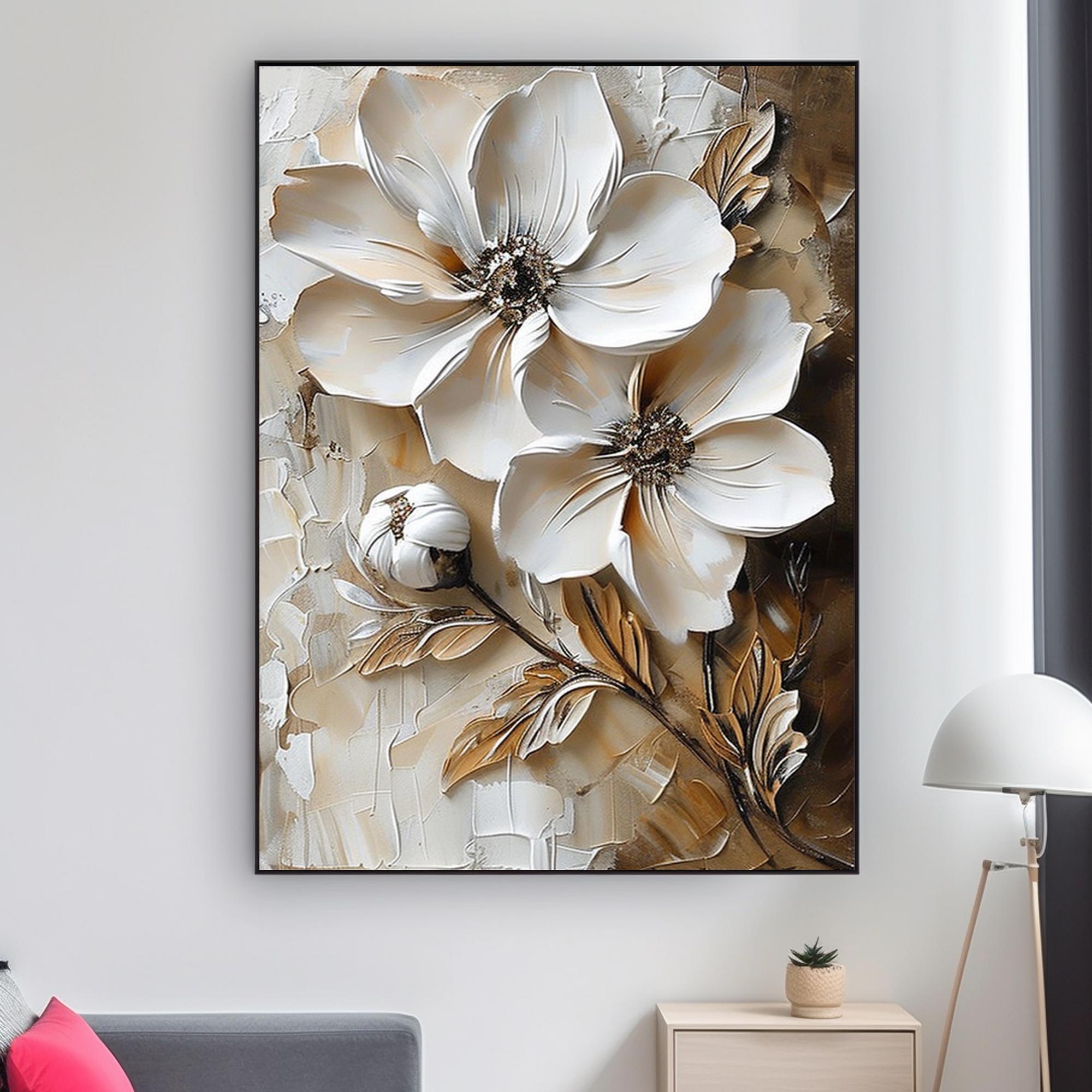 Twin White Blooms Bronze Leaves Cream Textured Floral Art Poster - Image 2