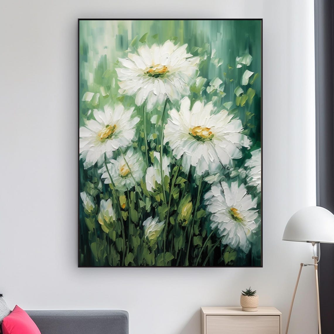 White Daisies Green Meadow Impasto Floral Field Painting Art Poster - Image 2