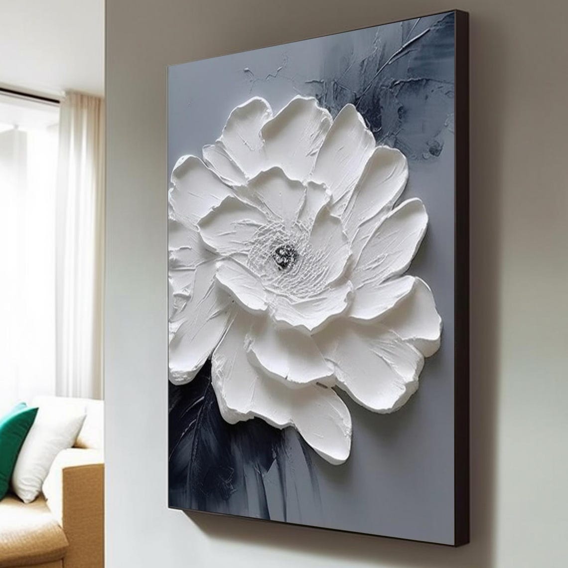 White Layered Bloom Gray Textured Background Modern Floral Art Poster