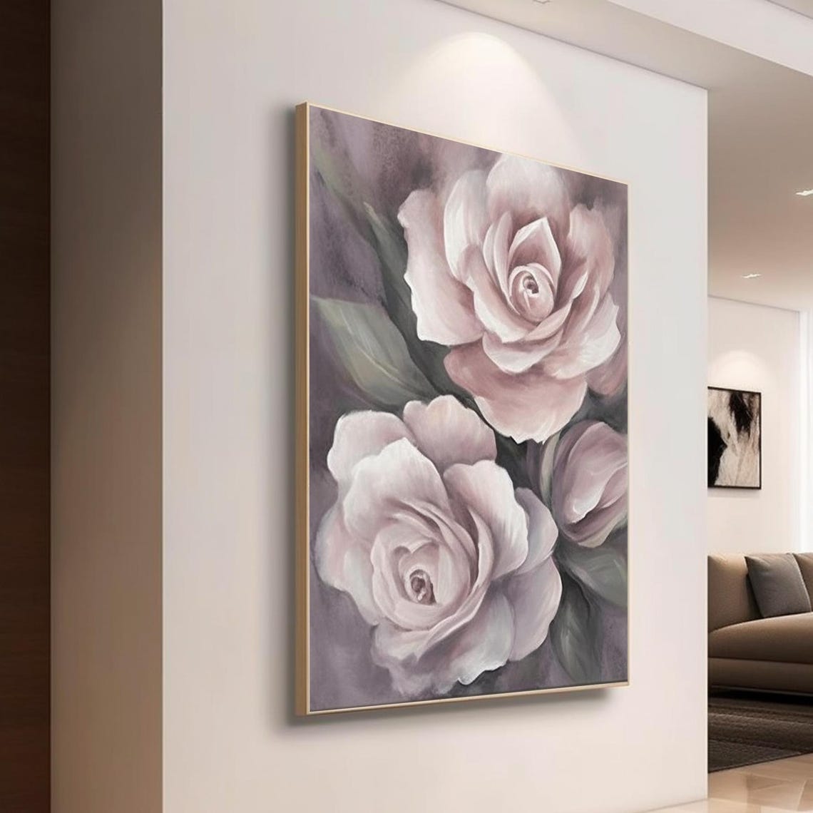Large Soft Pink Roses Oil Painting Elegant Floral Still Life Wall Art - Image 4