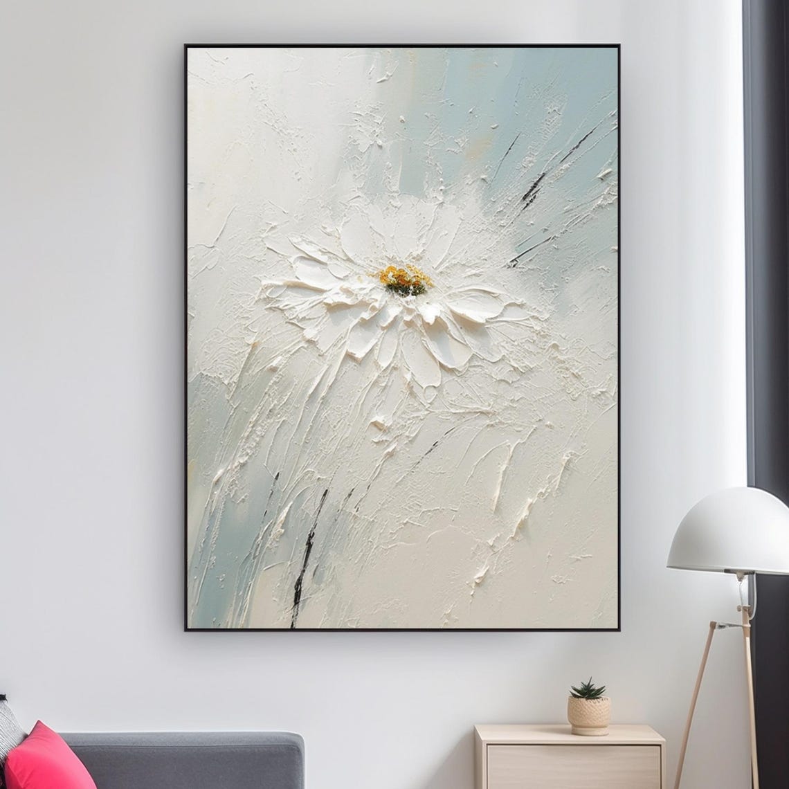White Flower Yellow Center Loose Petals Airy Abstract Art Poster - Image 2