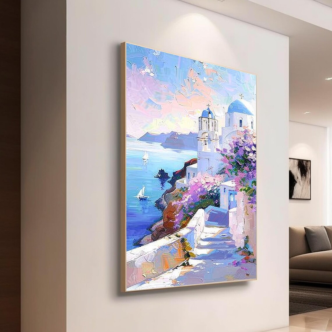 Santorini Greece Blue Dome Church Seaside Landscape Art Poster