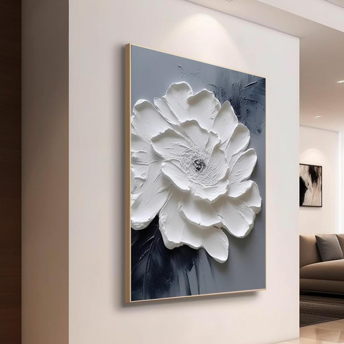 White Layered Bloom Gray Textured Background Modern Floral Art Poster - Image 4