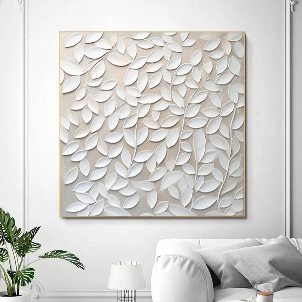 White Leaf Branches 3D Plaster Botanical Wall Texture Poster