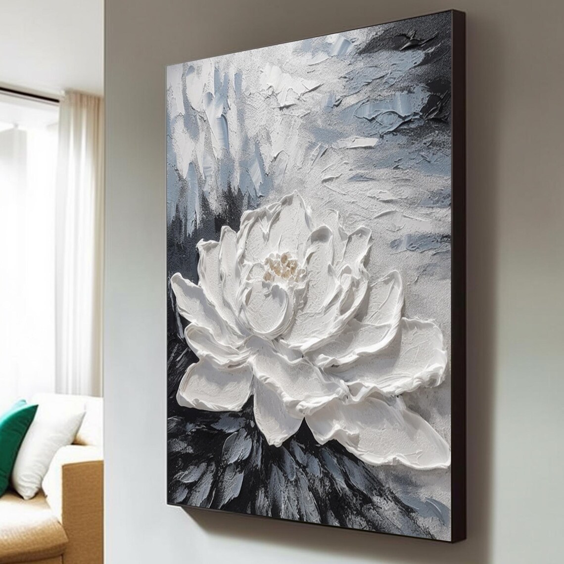 White Impasto Flower Bloom on Stormy Blue Black Textured Art Poster