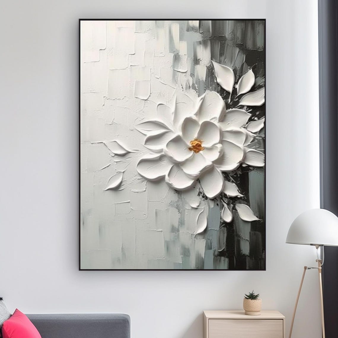 White Floral Cluster Gold Center Gray Abstract Botanical Art Poster - Image 2