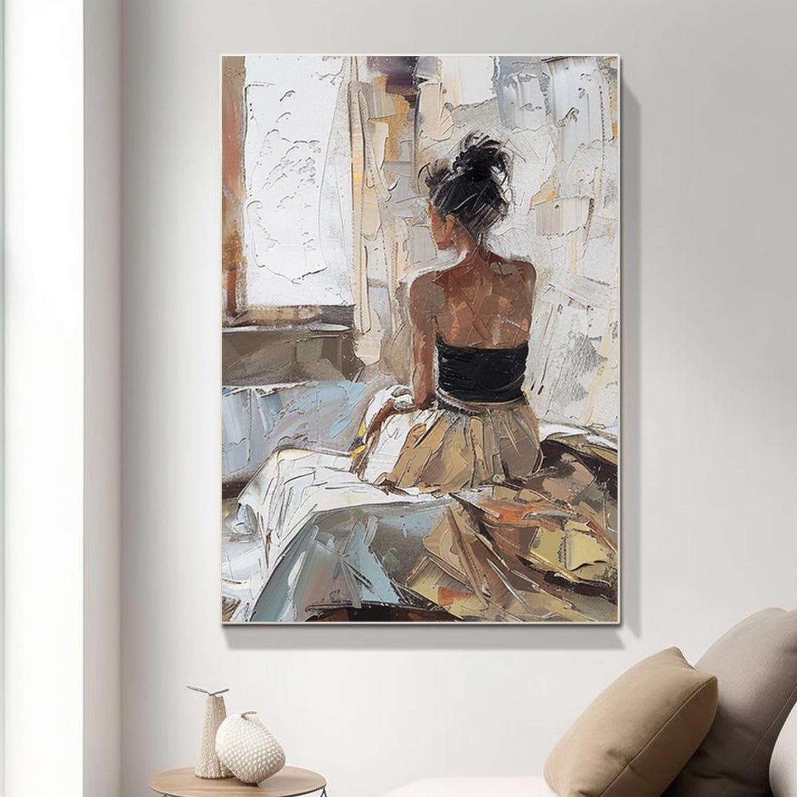 Seated Woman at Window Black Top Beige Skirt Textured Art Poster